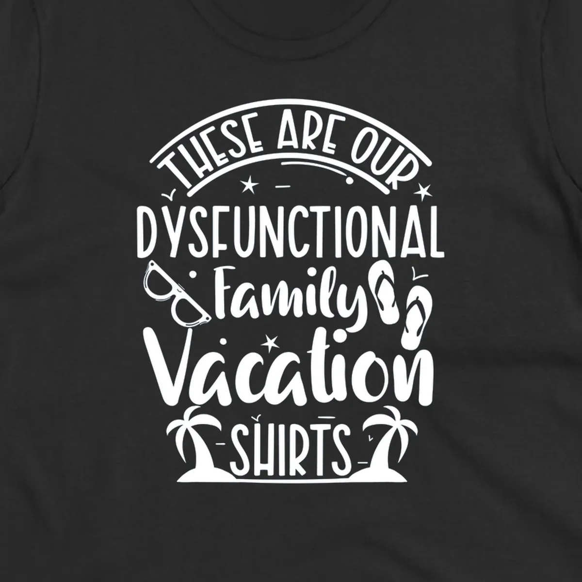 Vintage-style badge with dysfunctional family vacation text, sunglasses, flip flops, and palm trees design