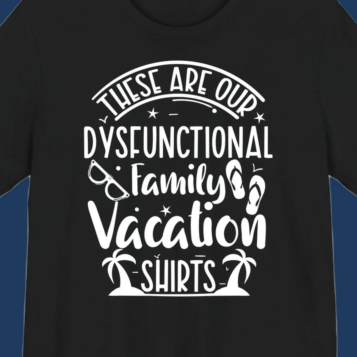 Vintage-style badge with dysfunctional family vacation text, sunglasses, flip flops, and palm trees design