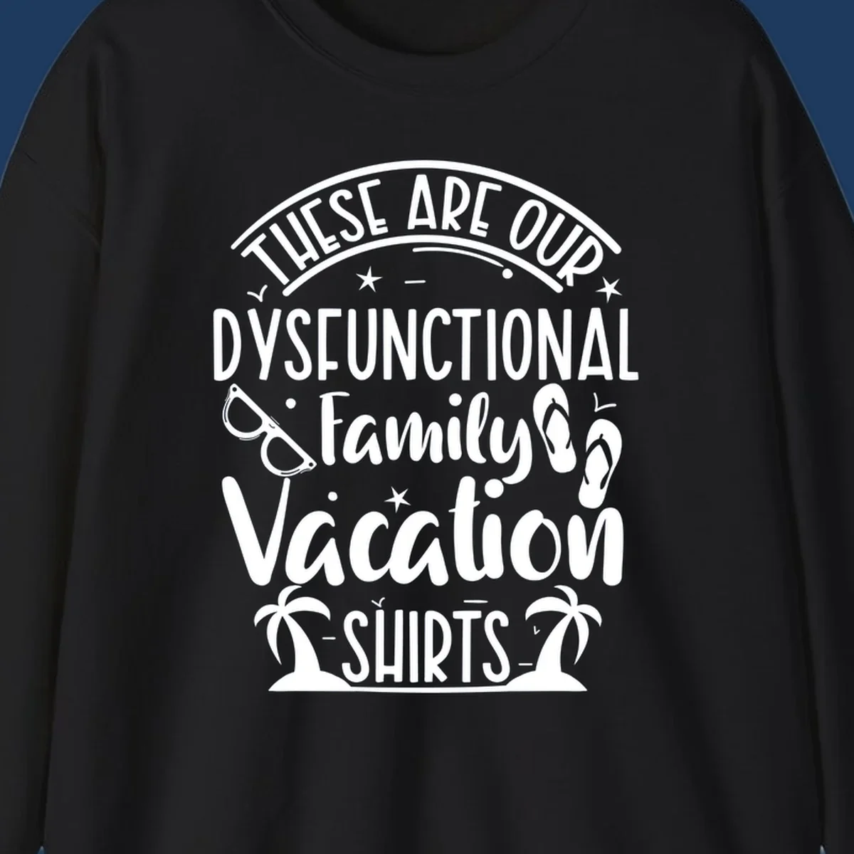 Vintage-style badge with dysfunctional family vacation text, sunglasses, flip flops, and palm trees design