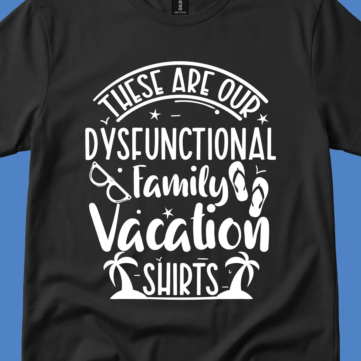 Vintage-style badge with dysfunctional family vacation text, sunglasses, flip flops, and palm trees design