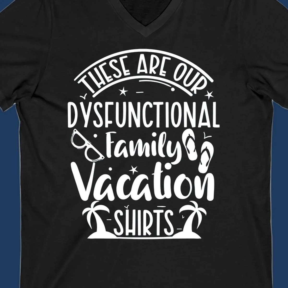 Vintage-style badge with dysfunctional family vacation text, sunglasses, flip flops, and palm trees design