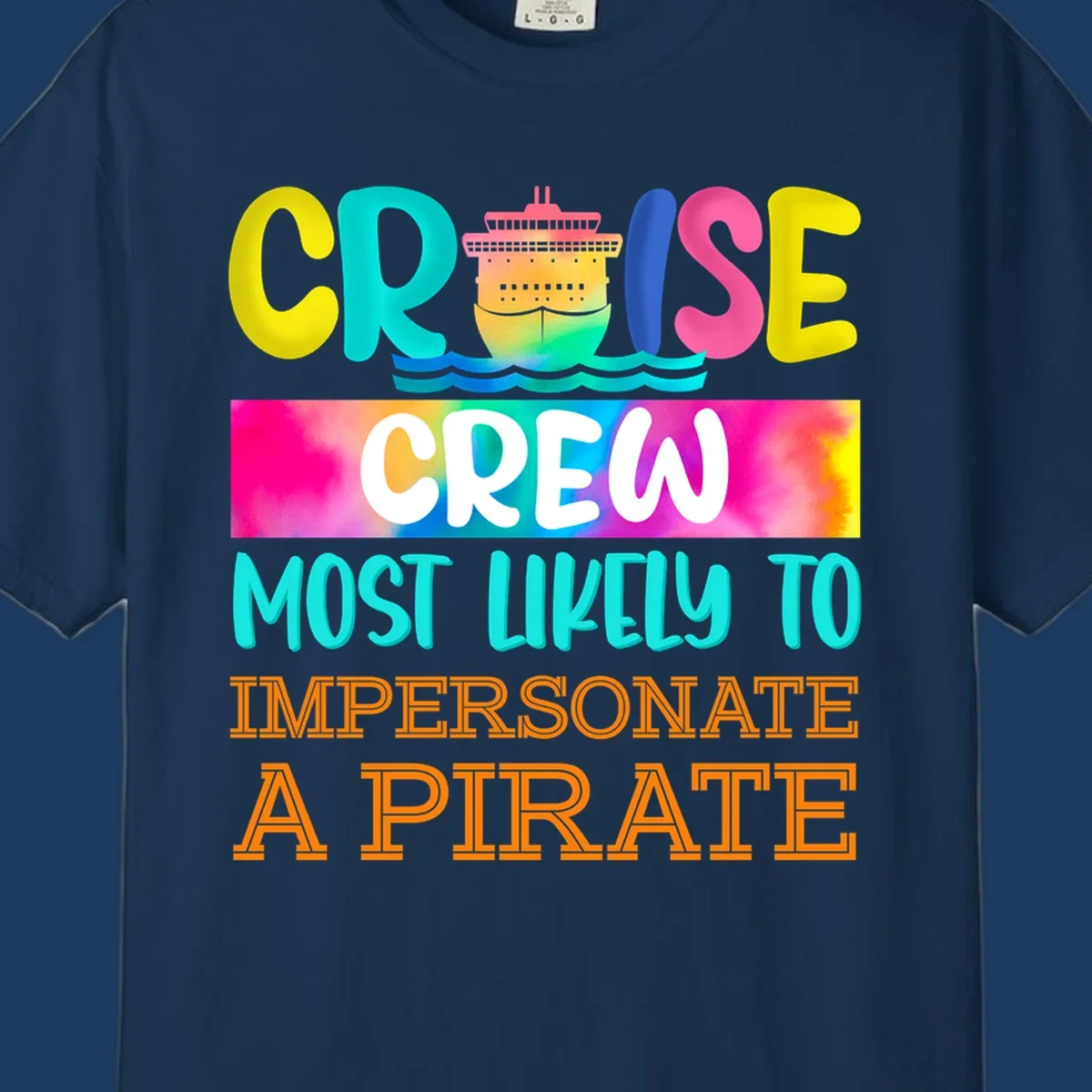 Colorful cruise crew pirate superlative design with illustrated ship and ocean waves in bright yellow, pink, cyan, and orange text