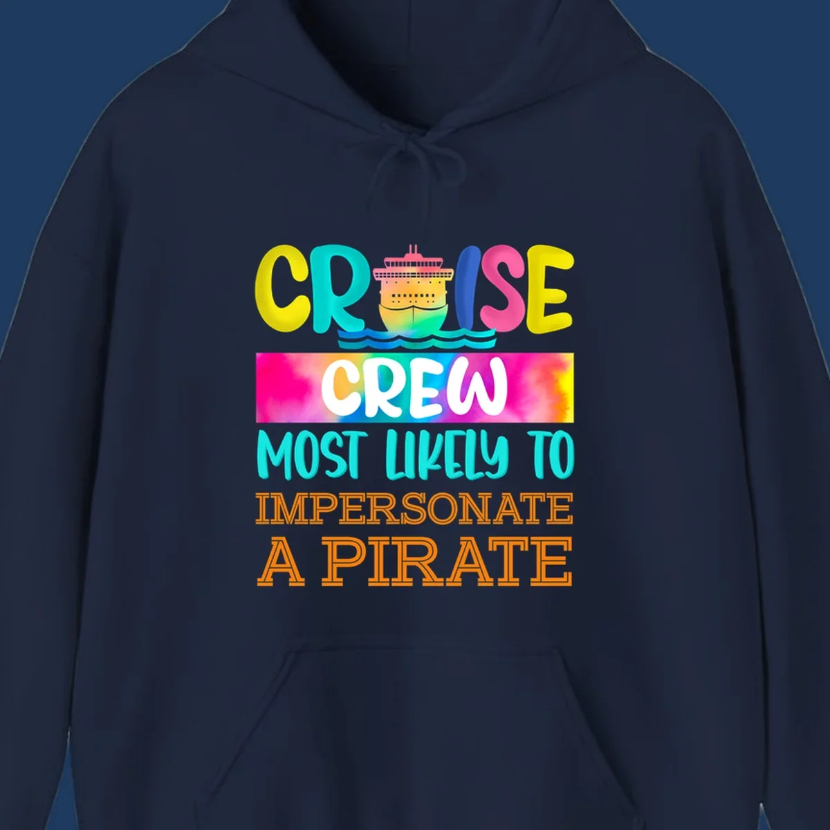 Colorful cruise crew pirate superlative design with illustrated ship and ocean waves in bright yellow, pink, cyan, and orange text