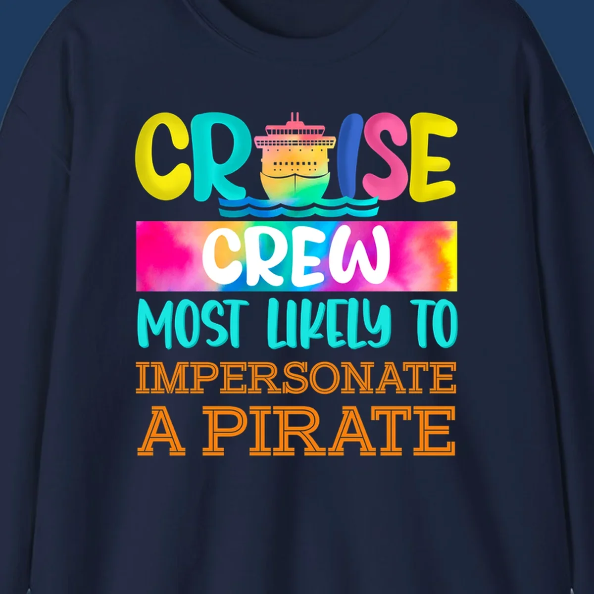Colorful cruise crew pirate superlative design with illustrated ship and ocean waves in bright yellow, pink, cyan, and orange text