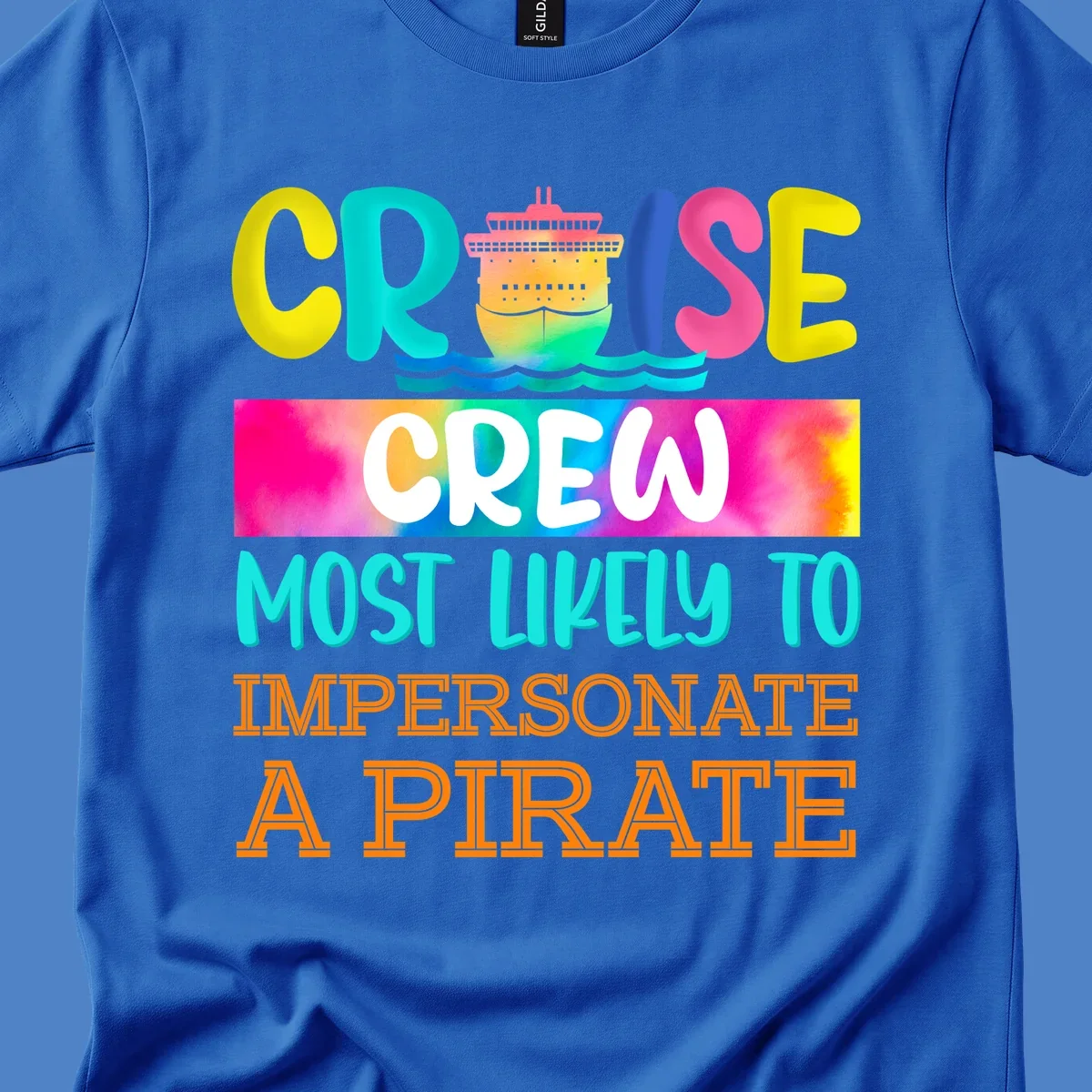 Colorful cruise crew pirate superlative design with illustrated ship and ocean waves in bright yellow, pink, cyan, and orange text