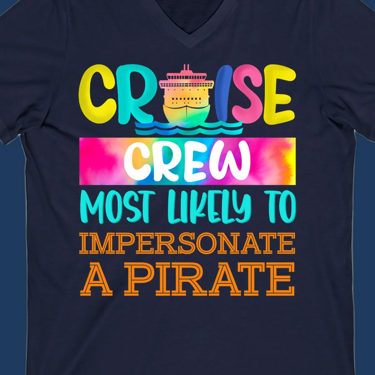 Colorful cruise crew pirate superlative design with illustrated ship and ocean waves in bright yellow, pink, cyan, and orange text