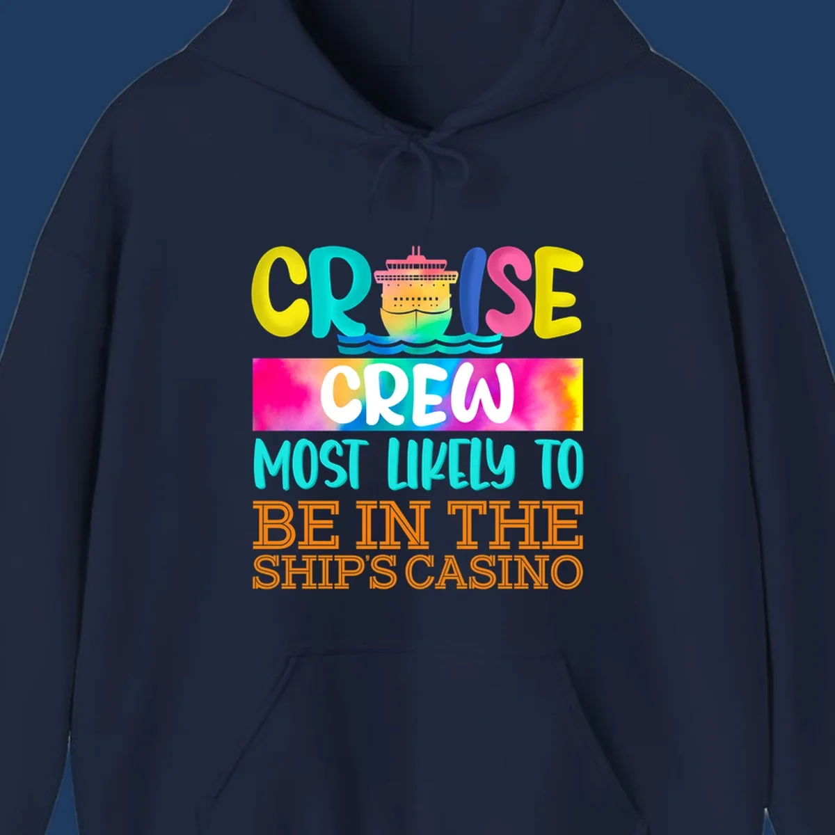 Colorful cruise ship illustration with bold text reading 'Cruise Crew Most Likely to Be in the Ship's Casino' in bright yellow, cyan, pink, and orange lettering on gradient background