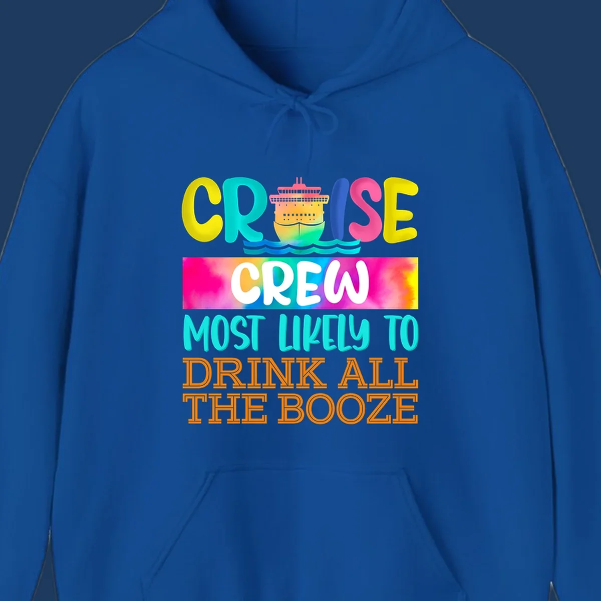 Colorful cruise crew drinking game shirt design with ship graphic and bold rainbow text