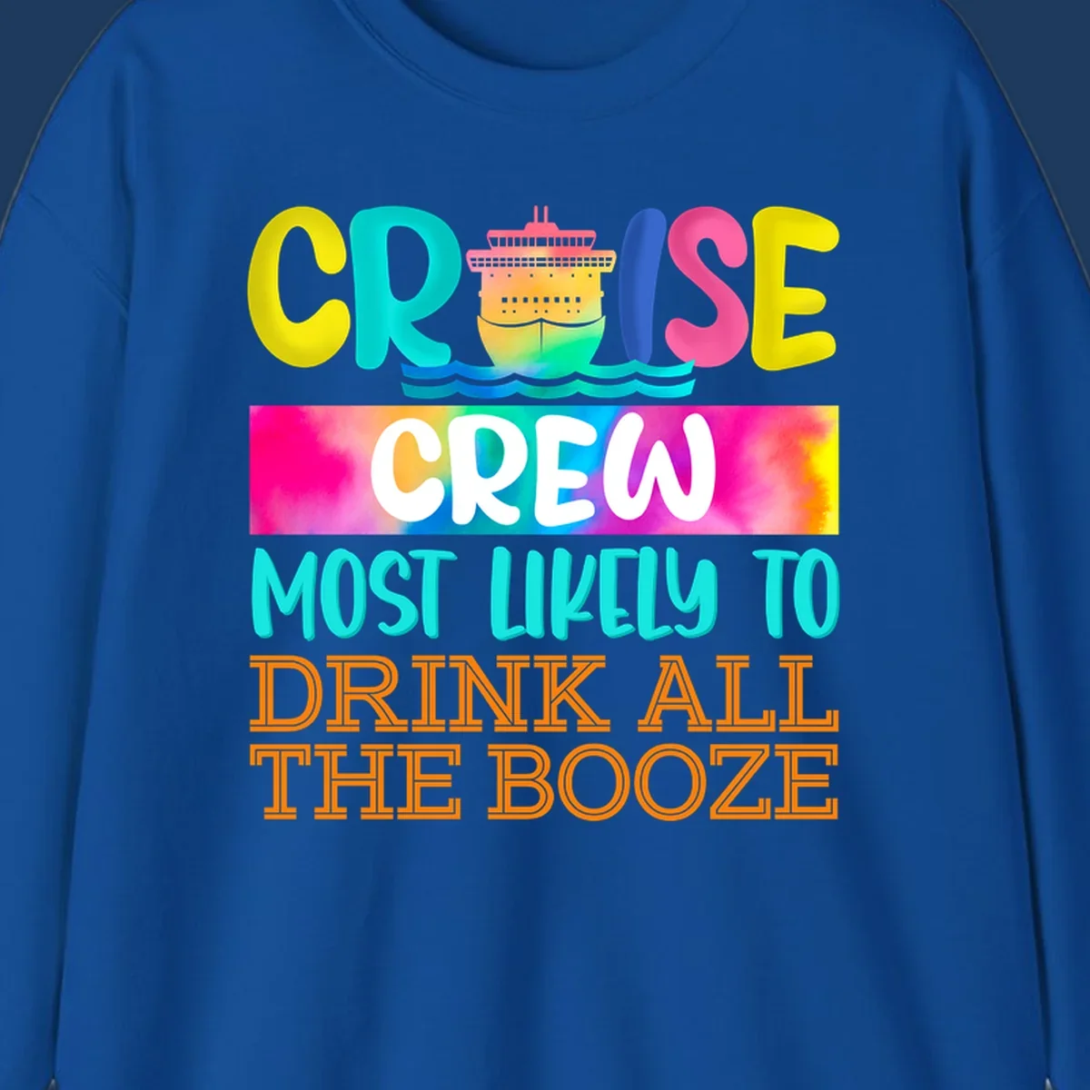 Colorful cruise crew drinking game shirt design with ship graphic and bold rainbow text