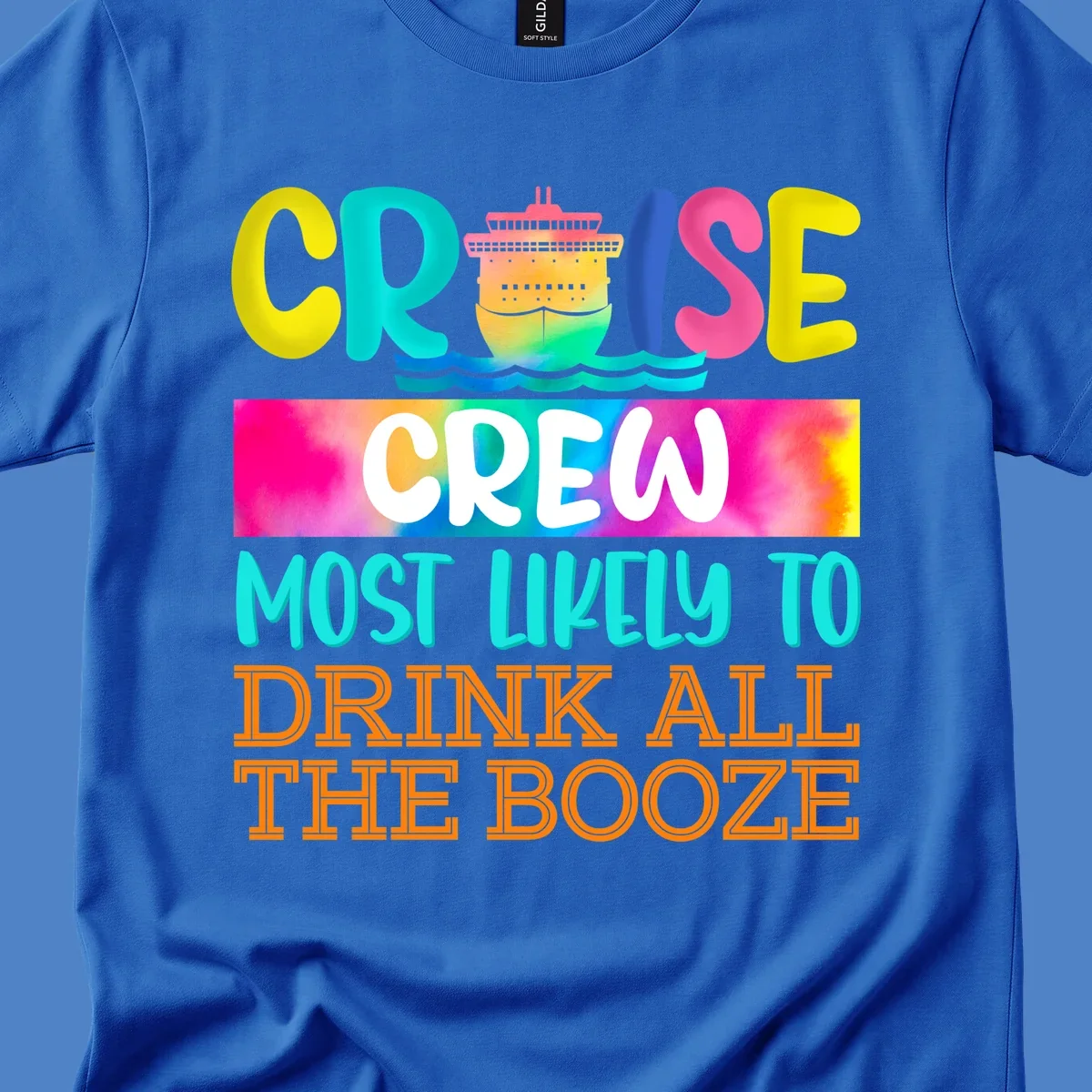 Colorful cruise crew drinking game shirt design with ship graphic and bold rainbow text