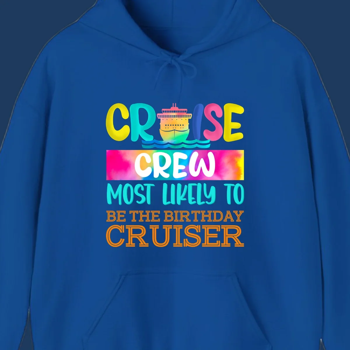 Colorful birthday cruiser crew design with cruise ship and ocean waves illustration and rainbow gradient text
