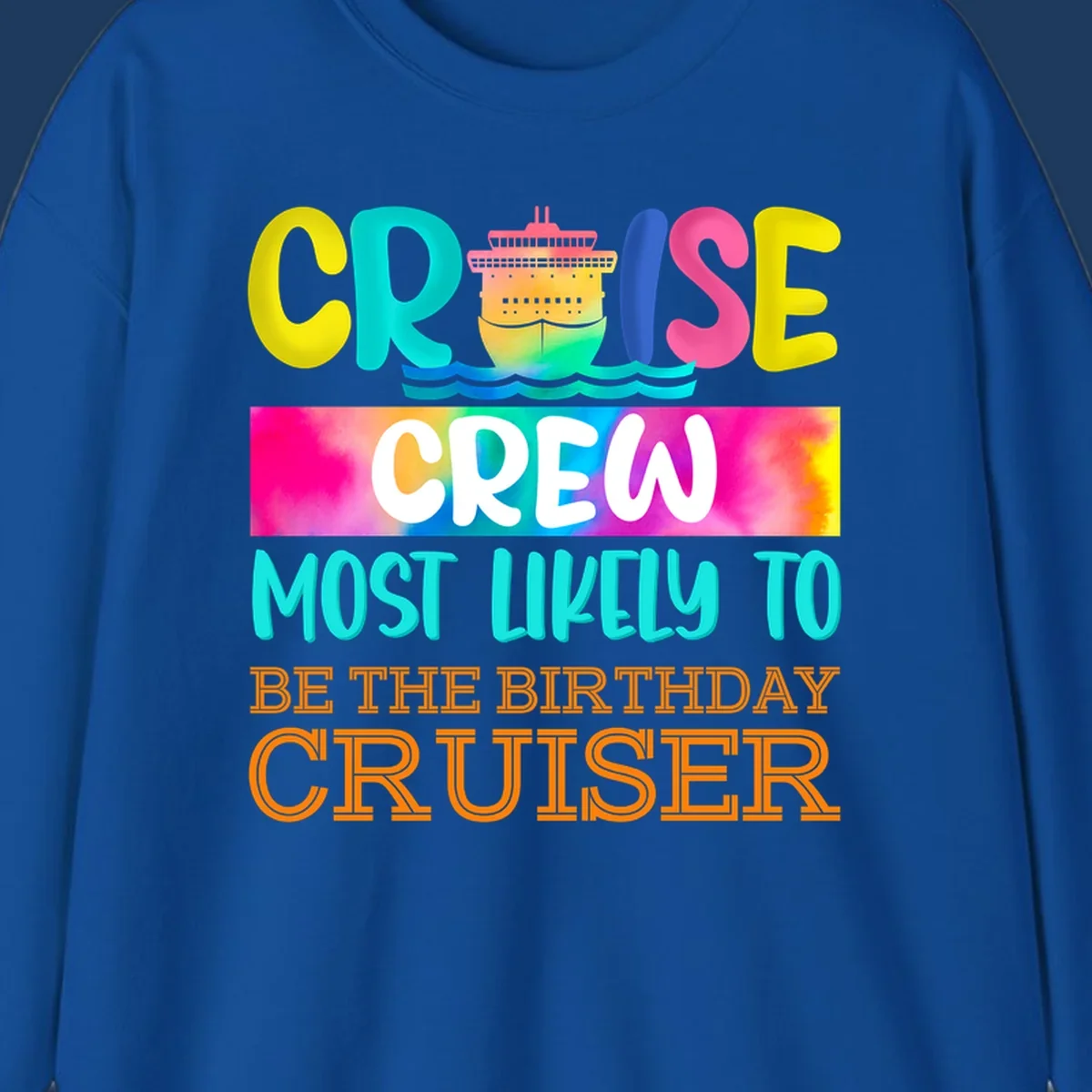 Colorful birthday cruiser crew design with cruise ship and ocean waves illustration and rainbow gradient text