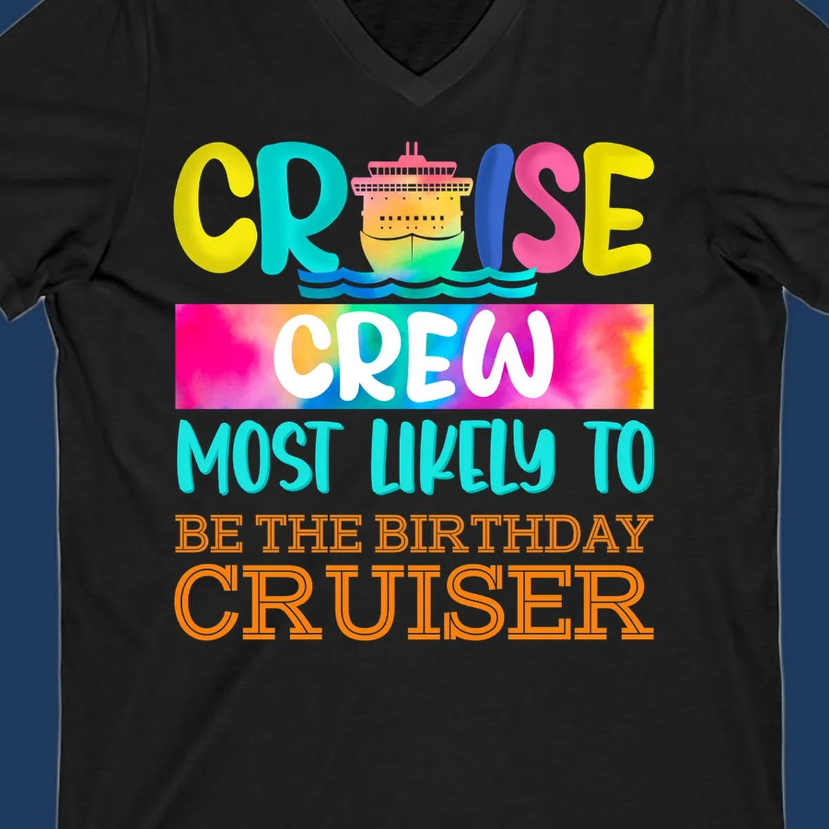 Colorful birthday cruiser crew design with cruise ship and ocean waves illustration and rainbow gradient text