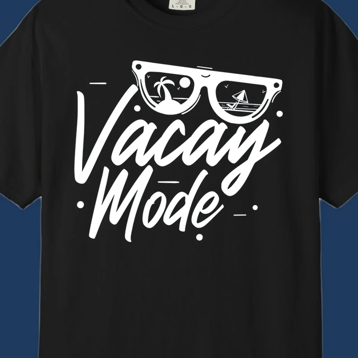 Warm mode cruise design with sunglasses showing tropical palm tree and sailboat scenes, flowing text lettering on gray background