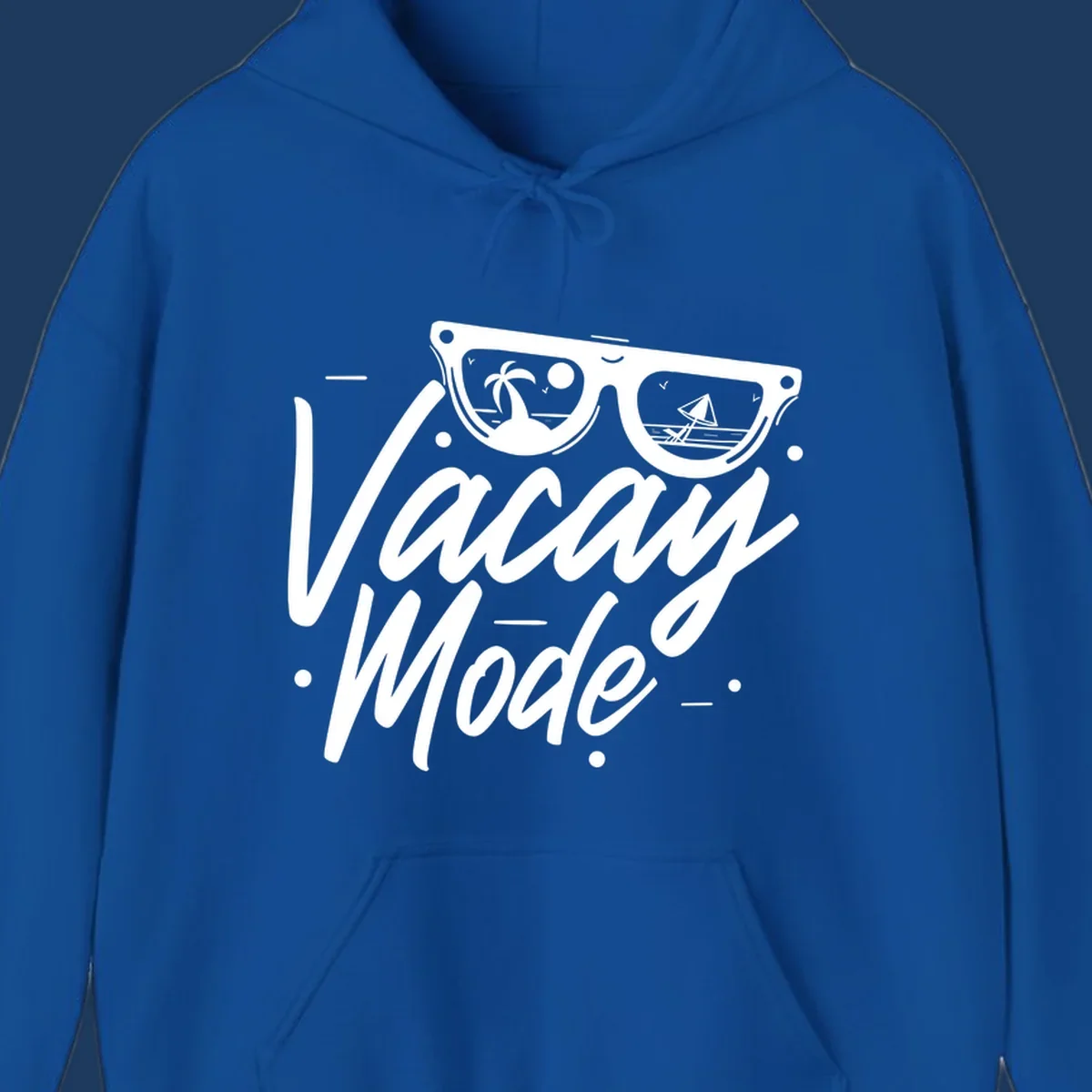 Warm mode cruise design with sunglasses showing tropical palm tree and sailboat scenes, flowing text lettering on gray background