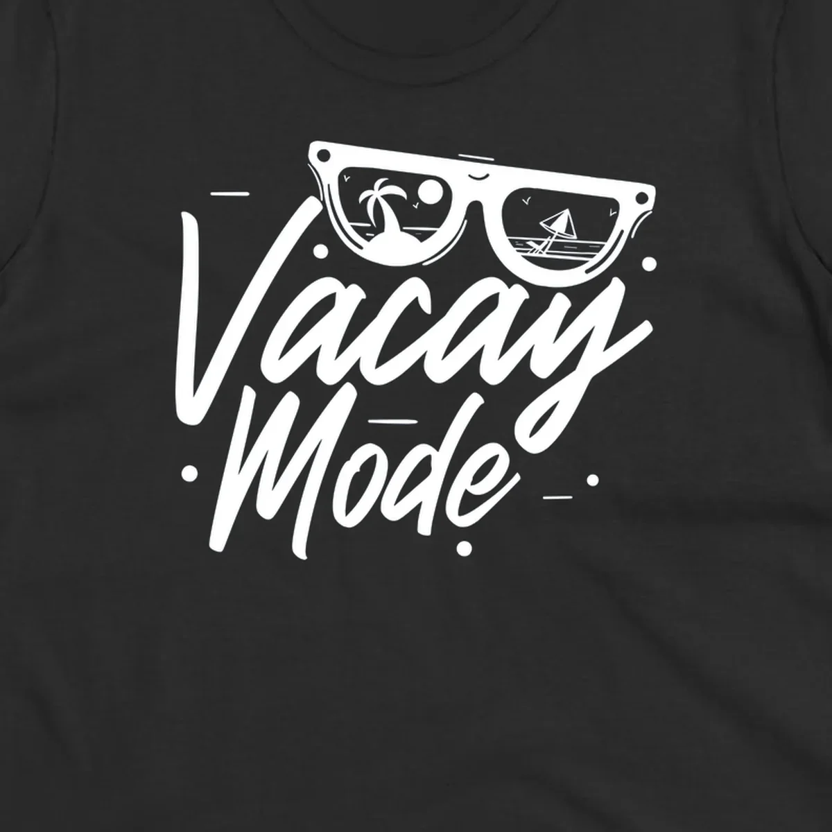Warm mode cruise design with sunglasses showing tropical palm tree and sailboat scenes, flowing text lettering on gray background