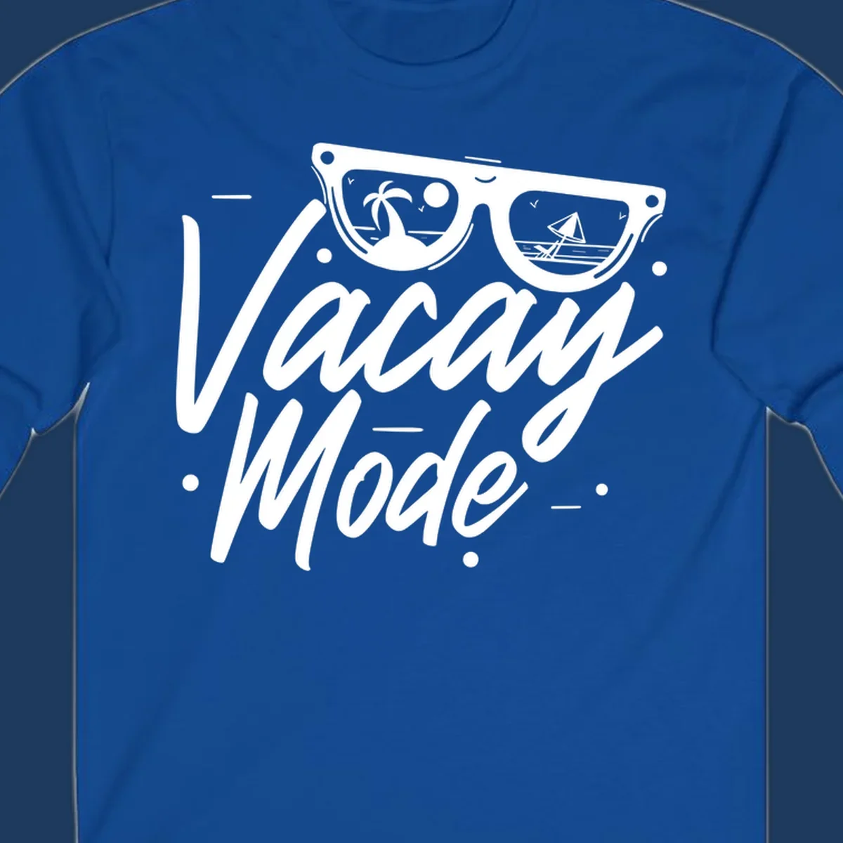 Warm mode cruise design with sunglasses showing tropical palm tree and sailboat scenes, flowing text lettering on gray background