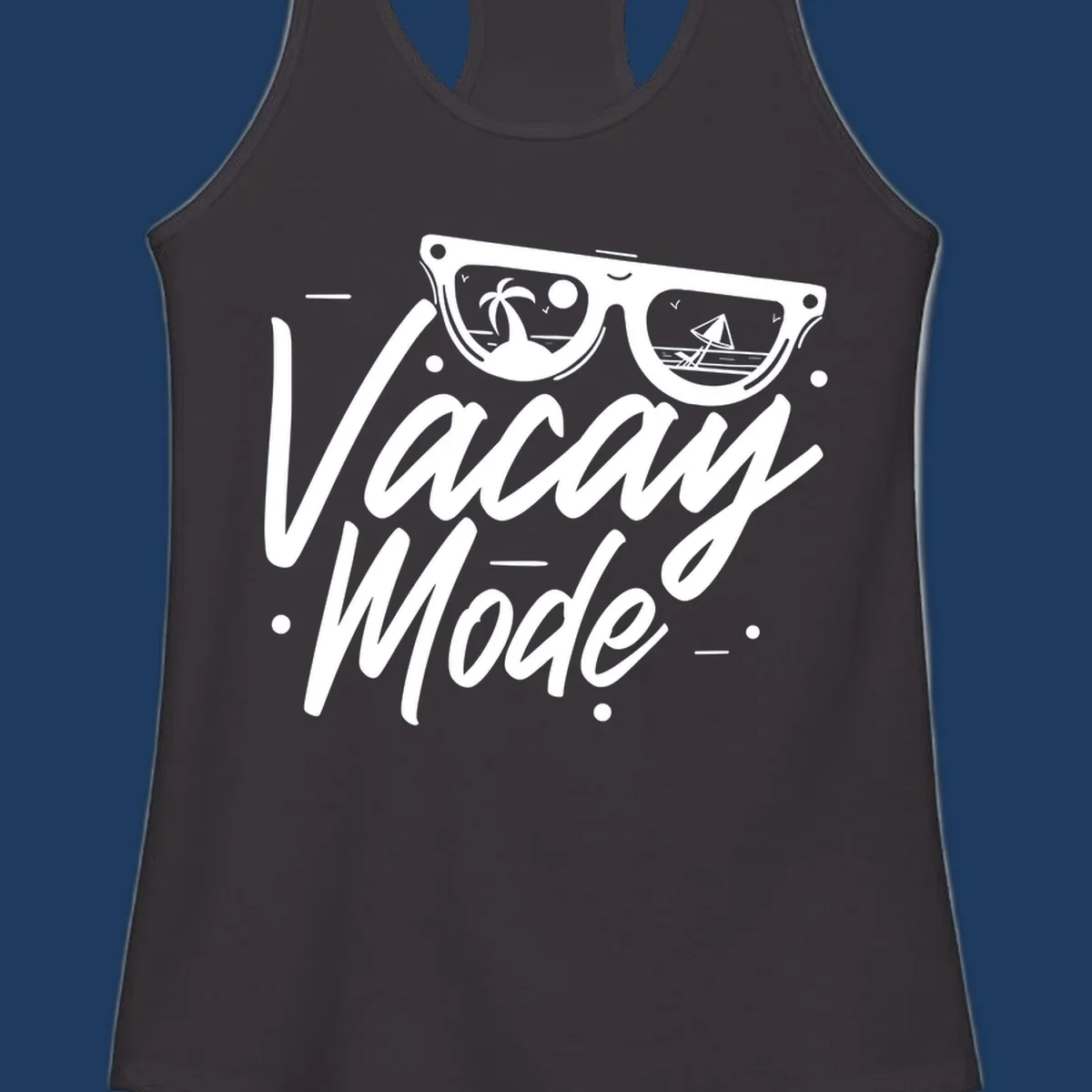 Warm mode cruise design with sunglasses showing tropical palm tree and sailboat scenes, flowing text lettering on gray background