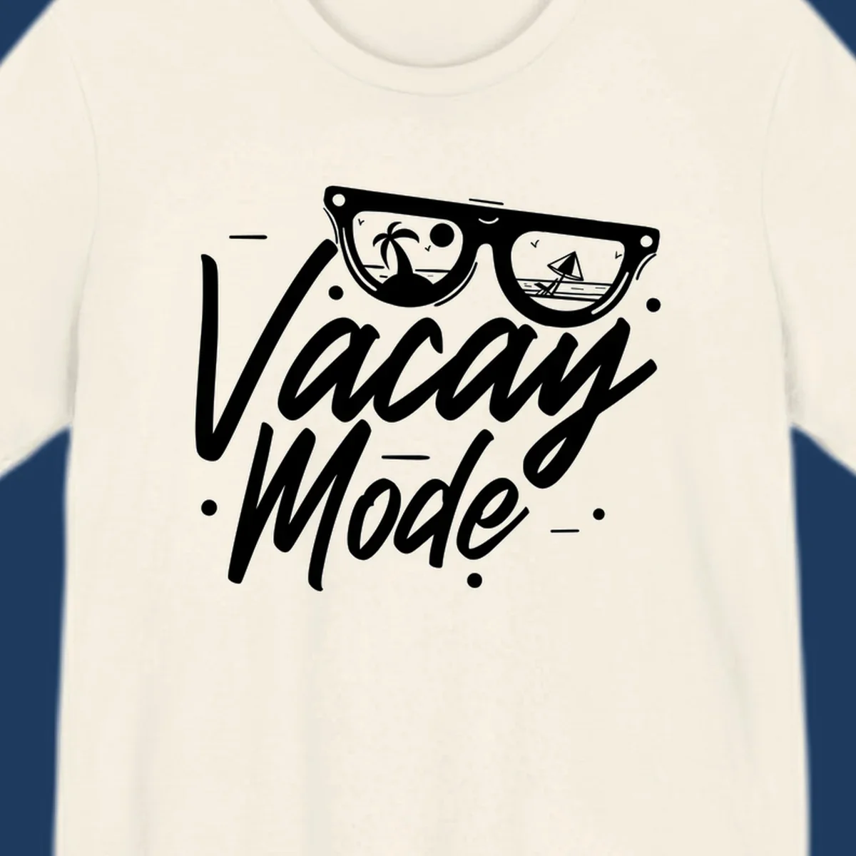 Warm mode cruise design with sunglasses showing tropical palm tree and sailboat scenes, flowing text lettering on gray background