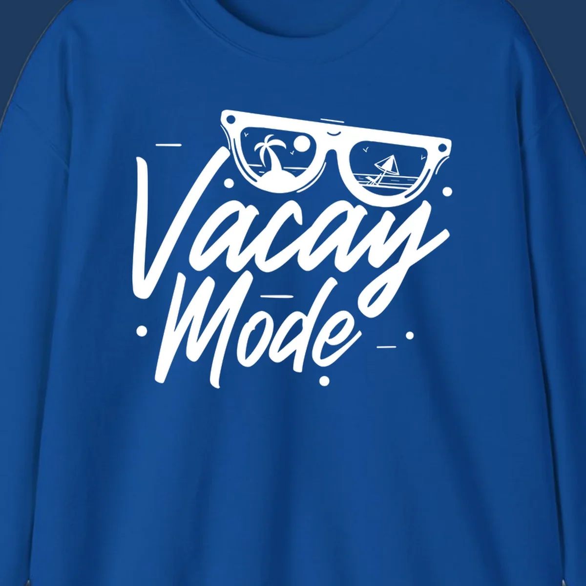 Warm mode cruise design with sunglasses showing tropical palm tree and sailboat scenes, flowing text lettering on gray background