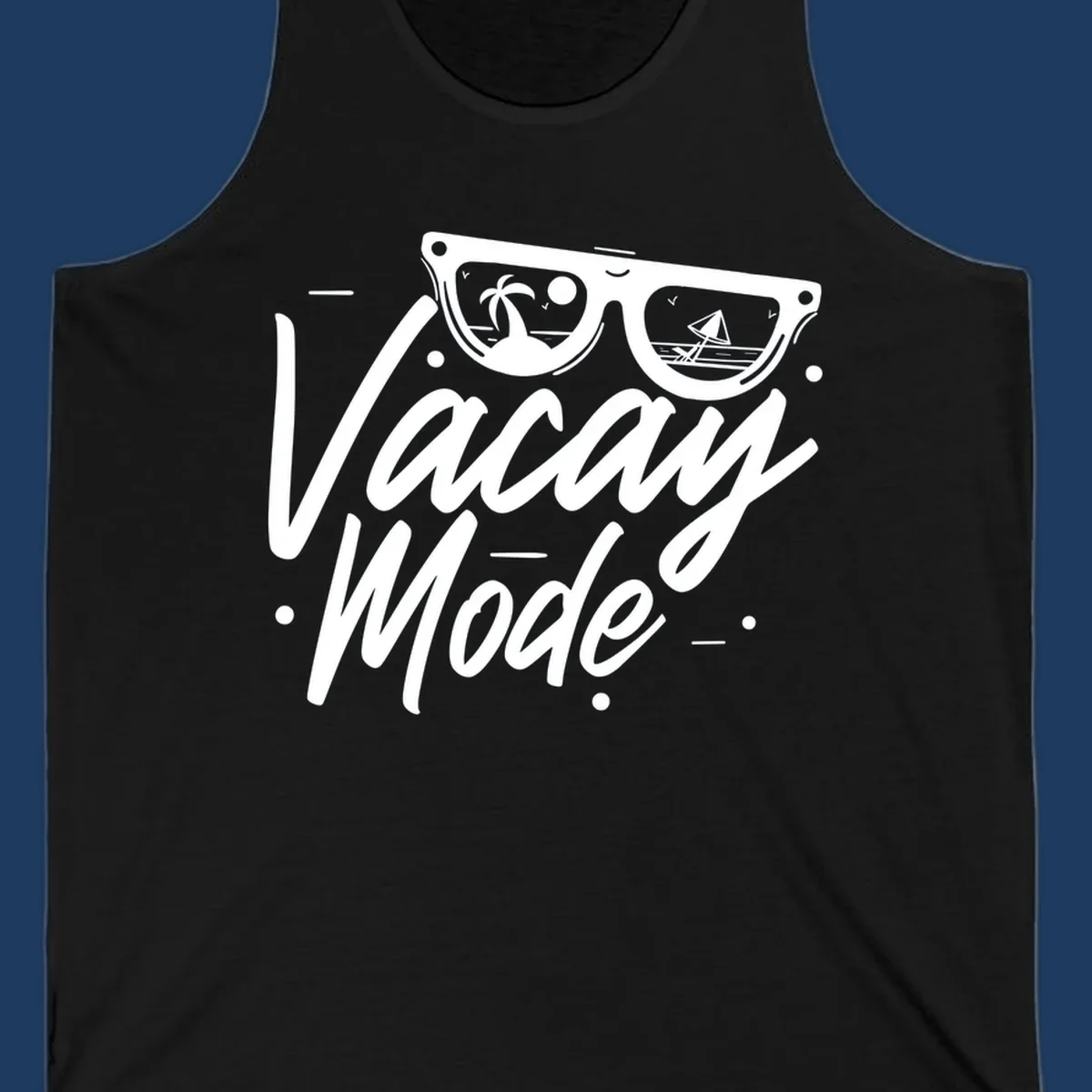 Warm mode cruise design with sunglasses showing tropical palm tree and sailboat scenes, flowing text lettering on gray background