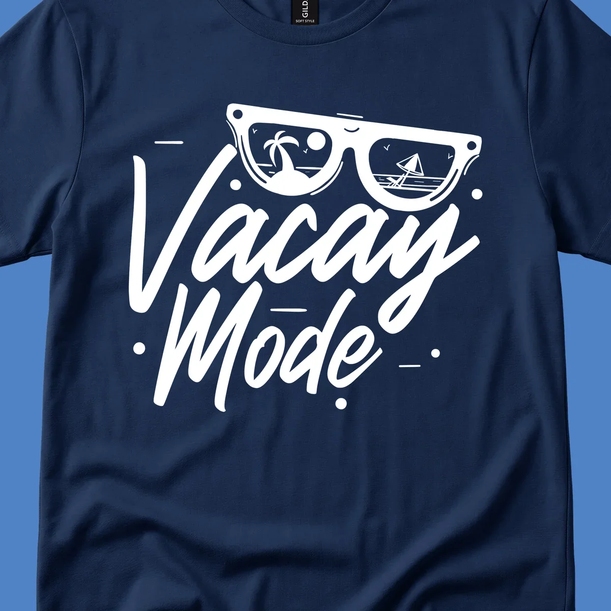 Warm mode cruise design with sunglasses showing tropical palm tree and sailboat scenes, flowing text lettering on gray background