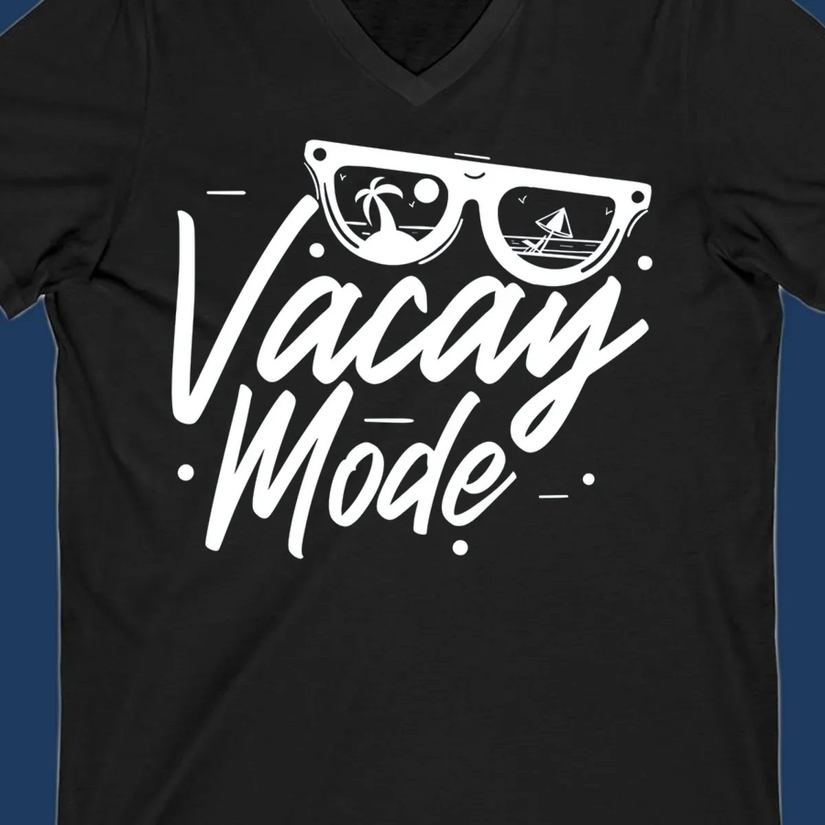 Warm mode cruise design with sunglasses showing tropical palm tree and sailboat scenes, flowing text lettering on gray background