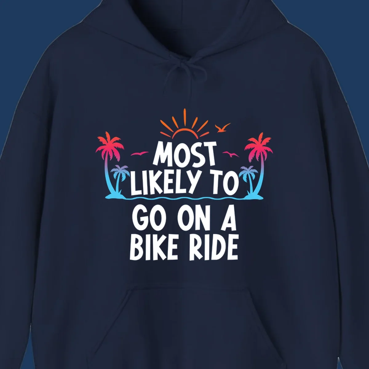 Tropical beach scene with palm trees, ocean waves, and sun rays surrounding white text reading 'Most Likely To Go On A Bike Ride'
