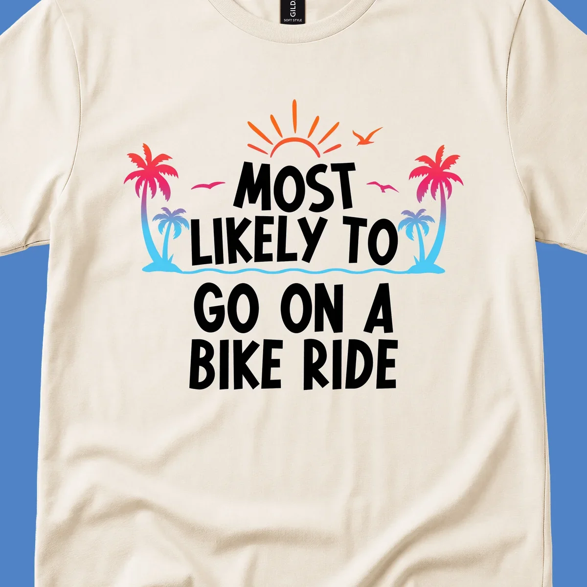 Tropical beach scene with palm trees, ocean waves, and sun rays surrounding white text reading 'Most Likely To Go On A Bike Ride'