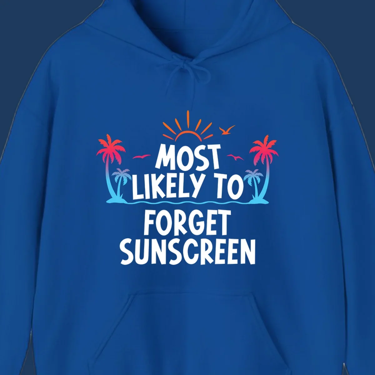 Tropical-themed design with white text reading 'Most Likely To Forget Sunscreen' surrounded by orange sun rays, colorful gradient palm trees, and ocean waves