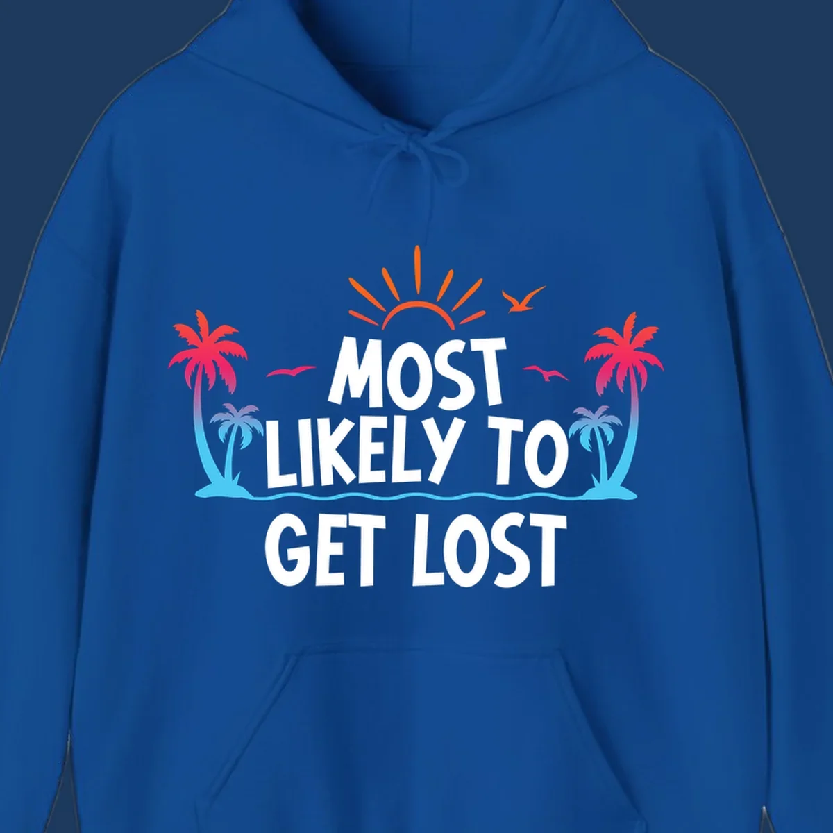Tropical beach illustration with bright sun, palm trees, ocean waves, and white text reading 'Most Likely To Get Lost' - a funny cruise vacation design