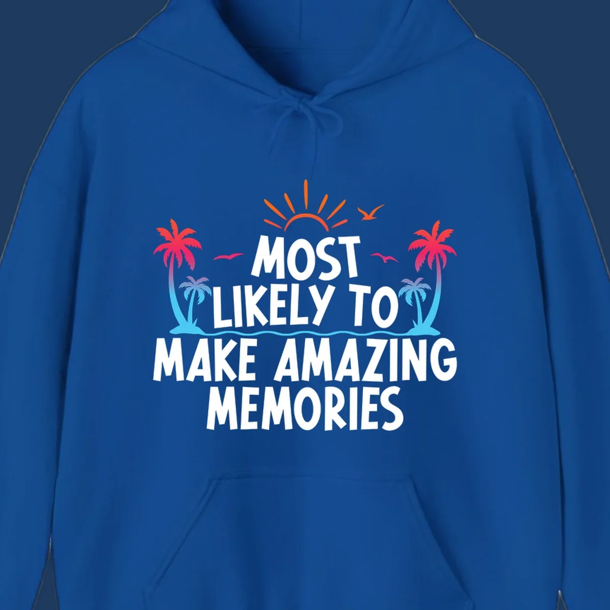 Tropical most-likely-memories-cruise design with palm trees, sun, birds, and ocean waves surrounding white text on gray background