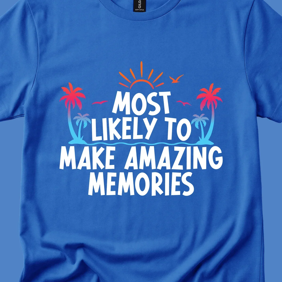 Tropical most-likely-memories-cruise design with palm trees, sun, birds, and ocean waves surrounding white text on gray background