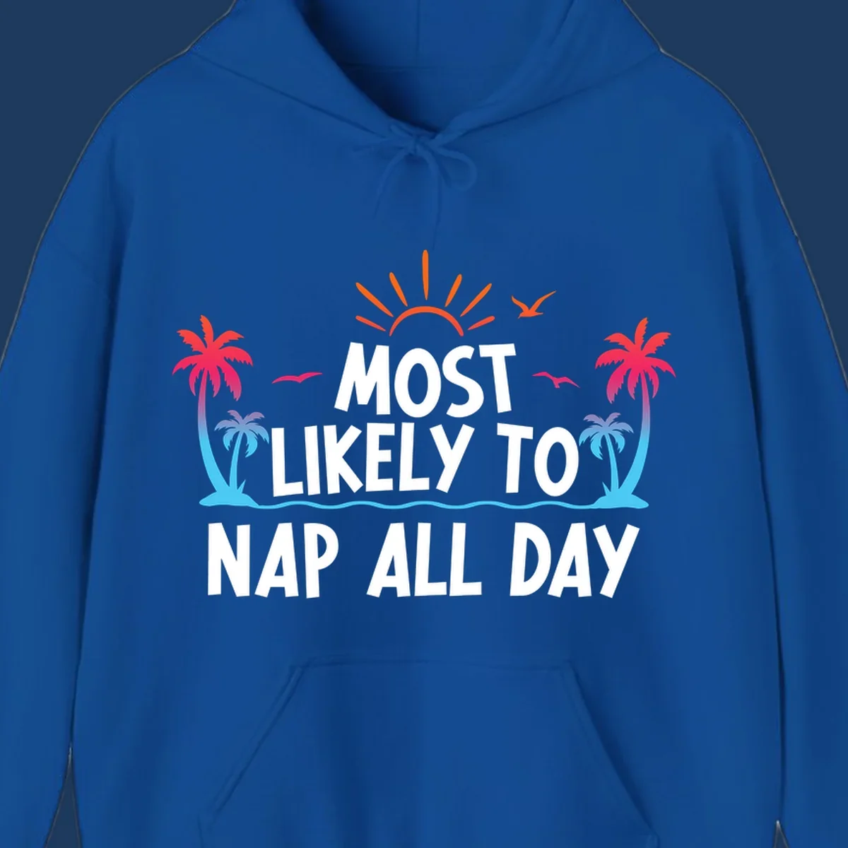Tropical beach illustration with palm trees, sun, and ocean waves surrounding white text reading 'Most Likely To Nap All Day' for cruise vacation apparel.