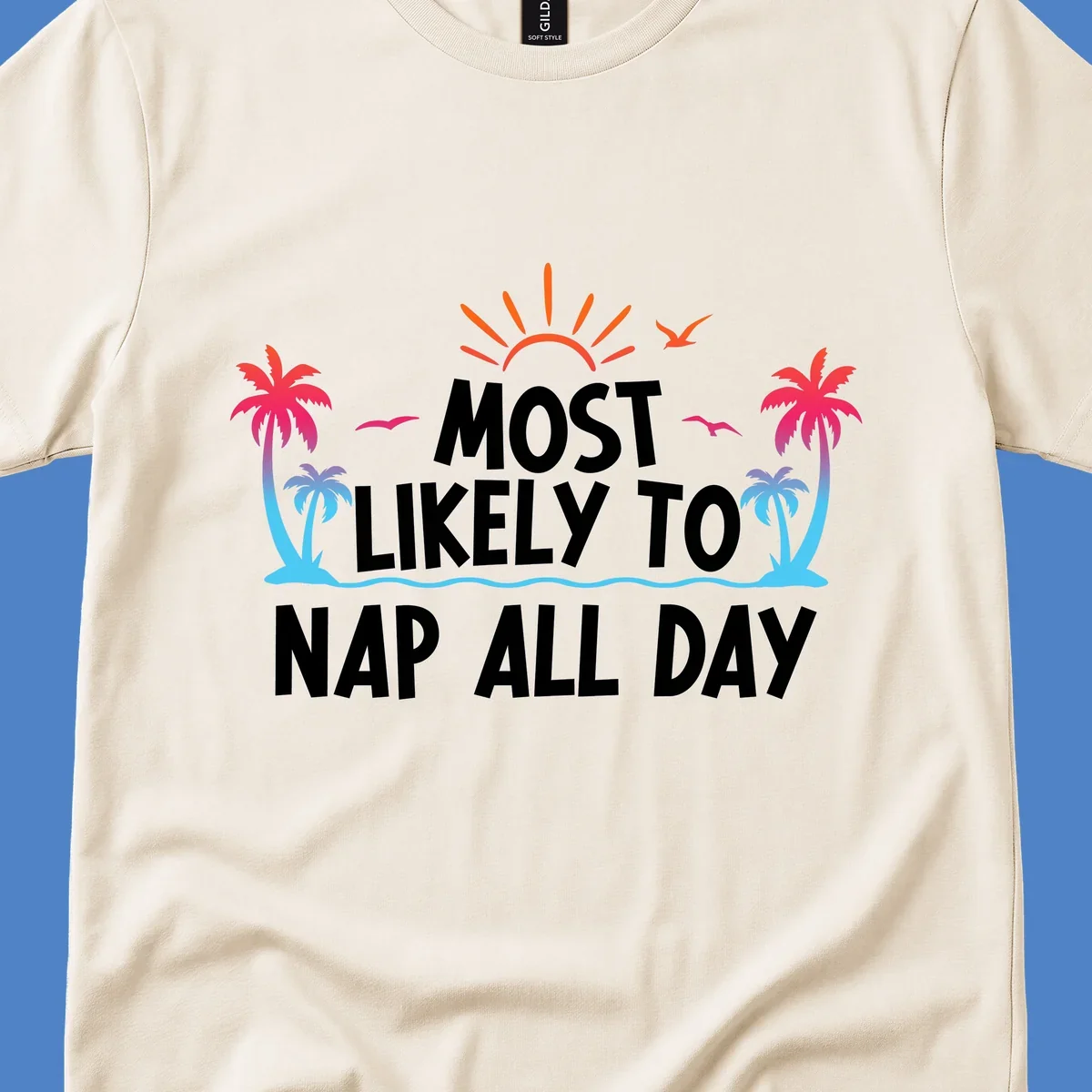 Tropical beach illustration with palm trees, sun, and ocean waves surrounding white text reading 'Most Likely To Nap All Day' for cruise vacation apparel.
