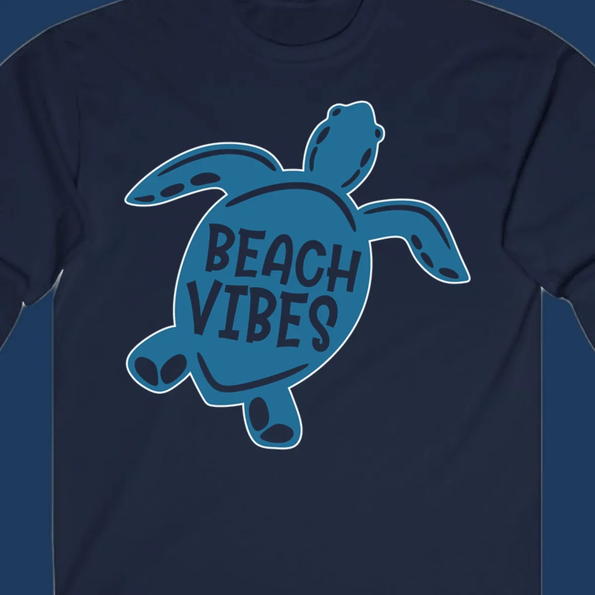 Teal sea turtle illustration with spotted shell pattern and 'Beach Vibes' text centered on the shell