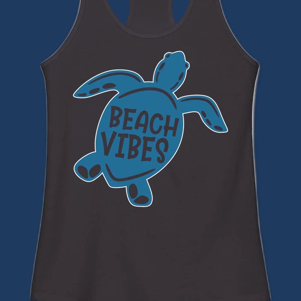 Teal sea turtle illustration with spotted shell pattern and 'Beach Vibes' text centered on the shell