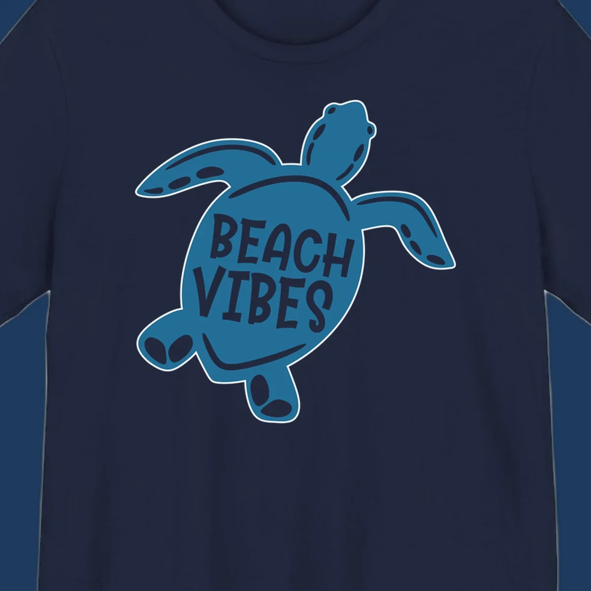 Teal sea turtle illustration with spotted shell pattern and 'Beach Vibes' text centered on the shell