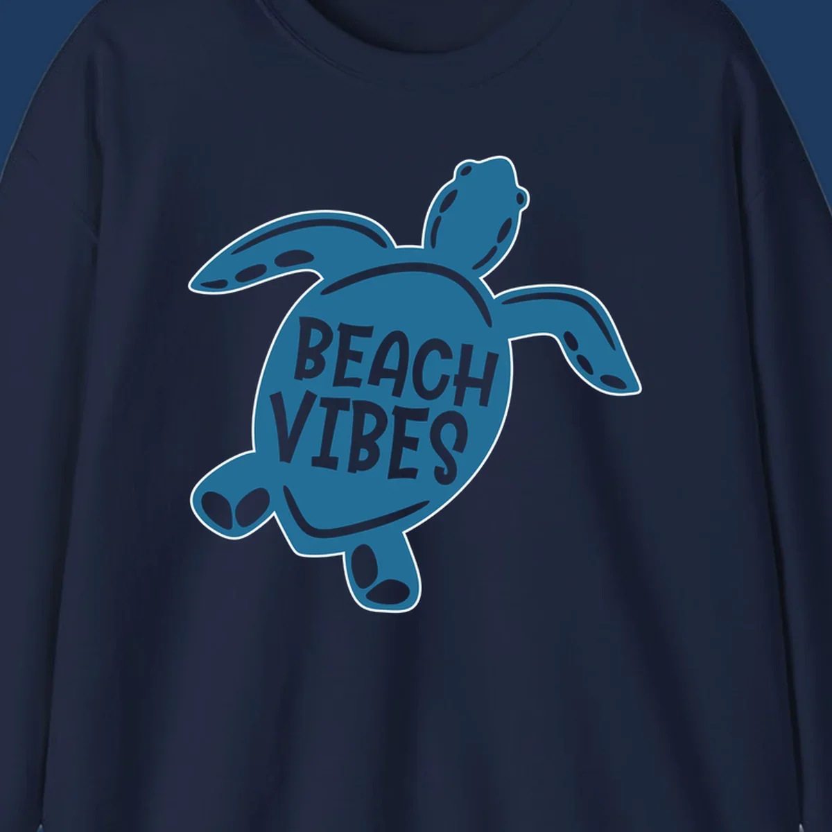 Teal sea turtle illustration with spotted shell pattern and 'Beach Vibes' text centered on the shell