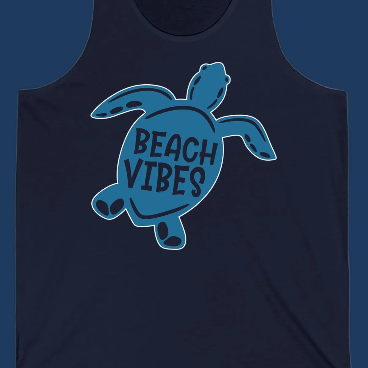 Teal sea turtle illustration with spotted shell pattern and 'Beach Vibes' text centered on the shell