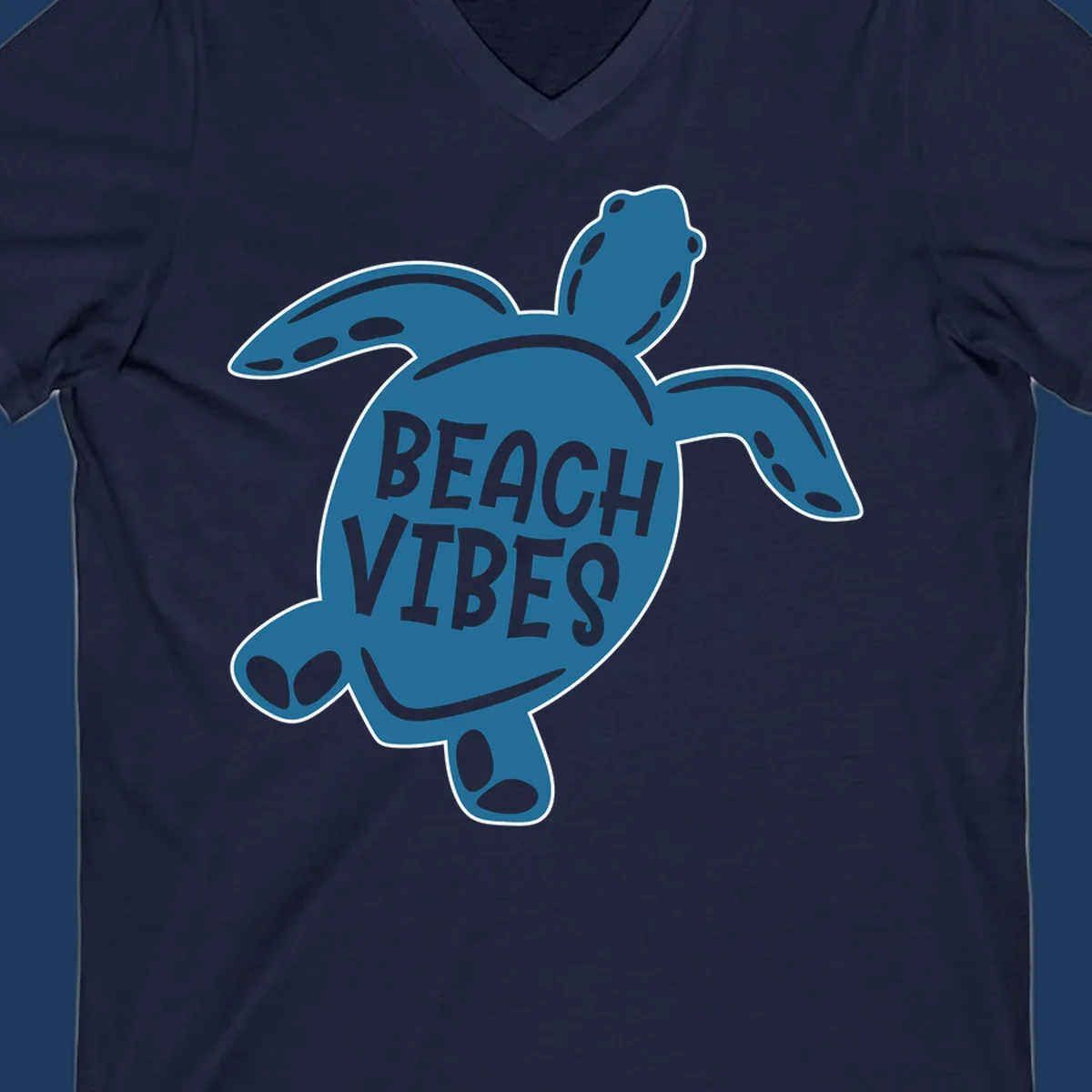 Teal sea turtle illustration with spotted shell pattern and 'Beach Vibes' text centered on the shell