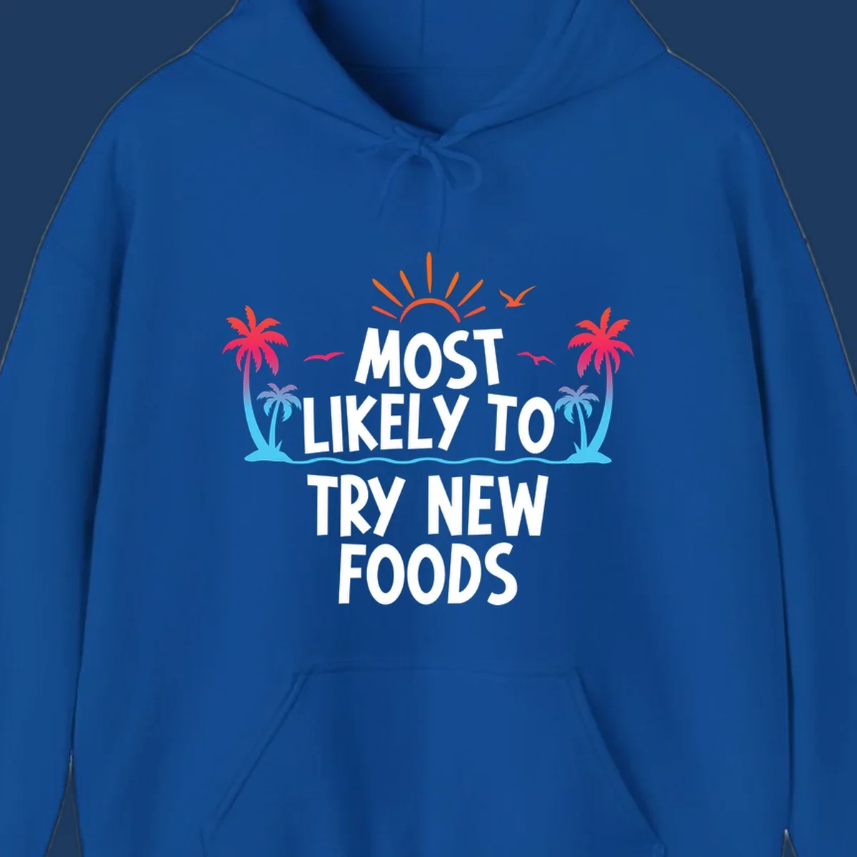 Tropical beach scene with sun and palm trees framing text that reads 'Most Likely To Try New Foods' in bold white letters