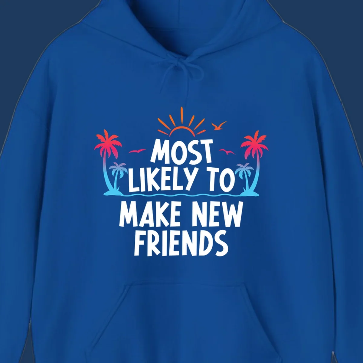 Tropical design with sun, palm trees, and ocean waves behind text reading 'Most Likely To Make New Friends' for cruise vacations