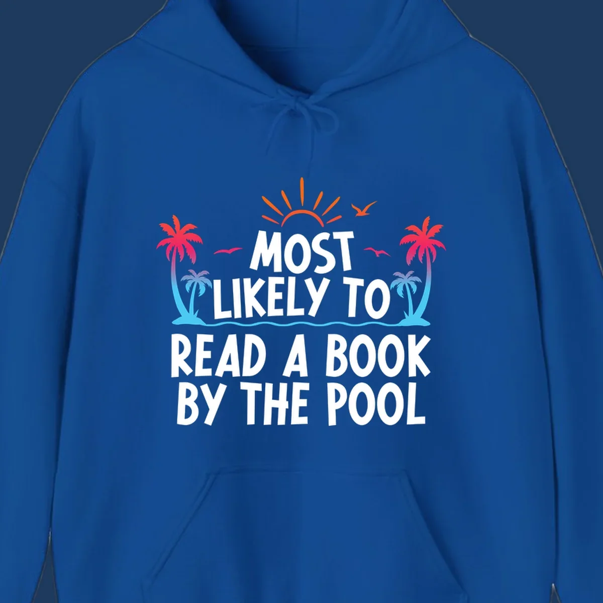 Tropical beach scene with palm trees, sun rays, and water waves surrounding text reading 'Most Likely To Read A Book By The Pool'