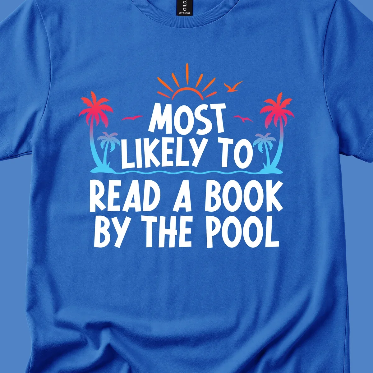 Tropical beach scene with palm trees, sun rays, and water waves surrounding text reading 'Most Likely To Read A Book By The Pool'