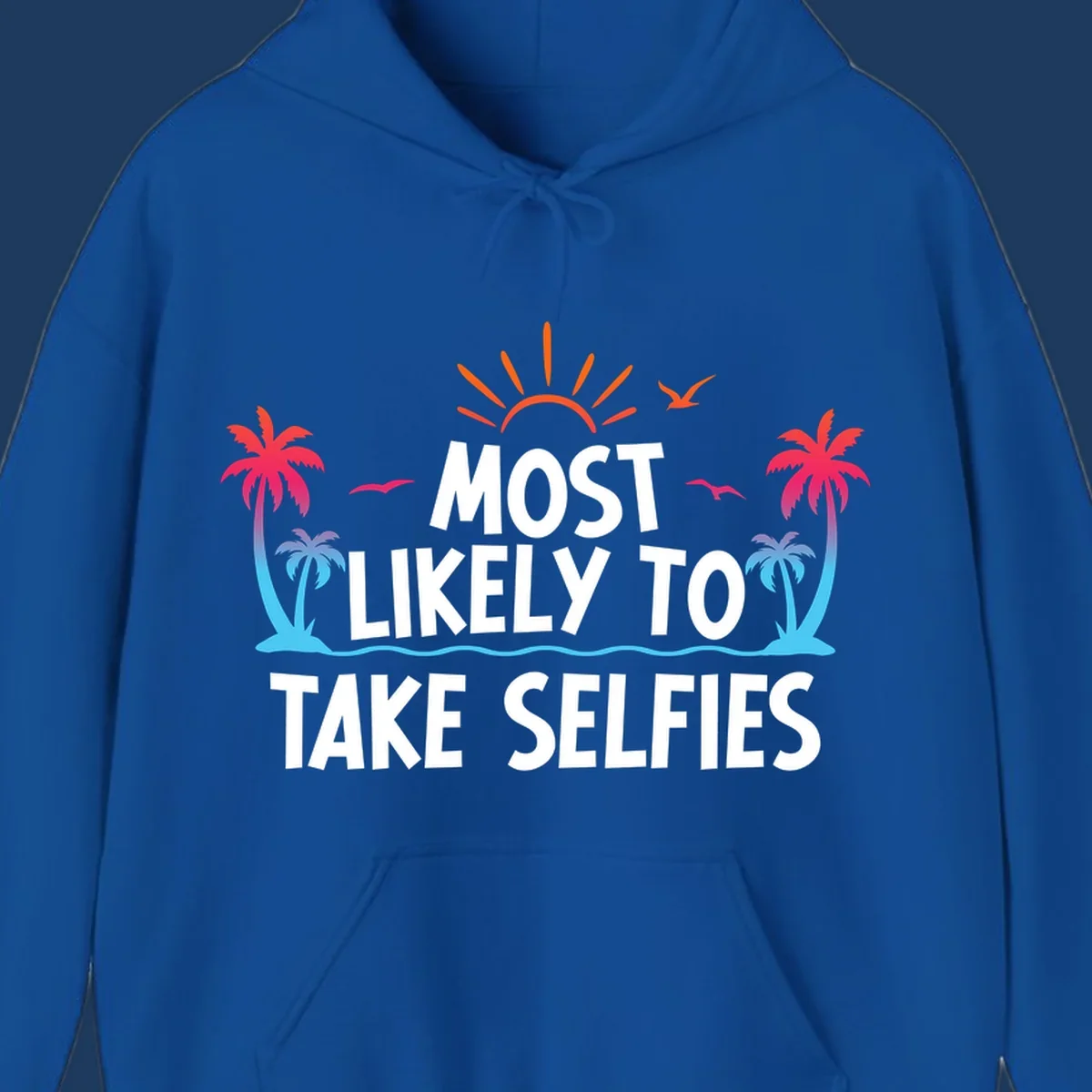 Tropical beach scene with palm trees, sun, and waves featuring text 'Most Likely To Take Selfies' for cruise vacation shirt design