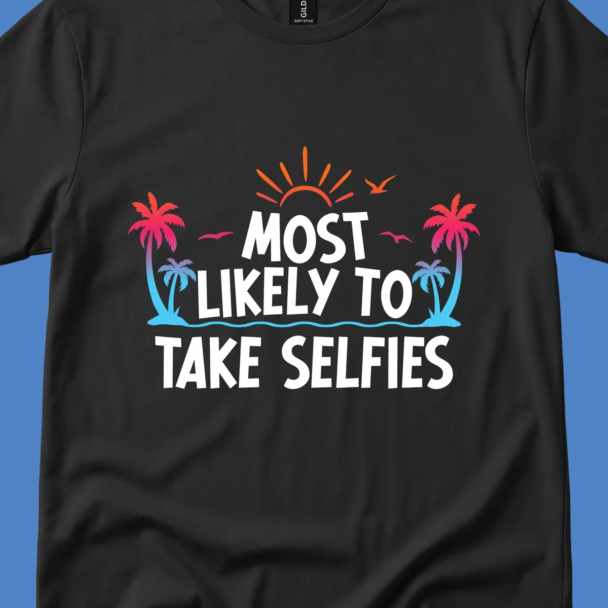 Tropical beach scene with palm trees, sun, and waves featuring text 'Most Likely To Take Selfies' for cruise vacation shirt design