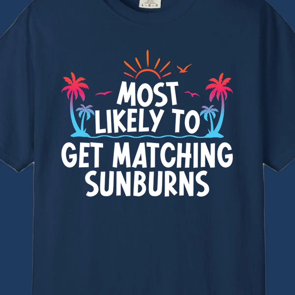 Tropical beach scene with bright sun, palm trees, and waves illustrating a matching sunburns cruise design concept