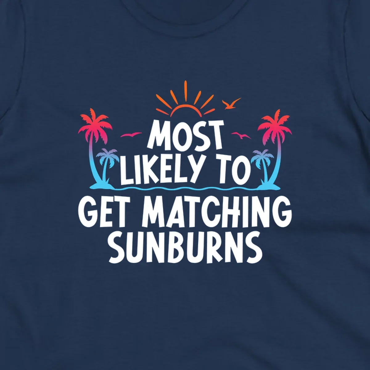 Tropical beach scene with bright sun, palm trees, and waves illustrating a matching sunburns cruise design concept