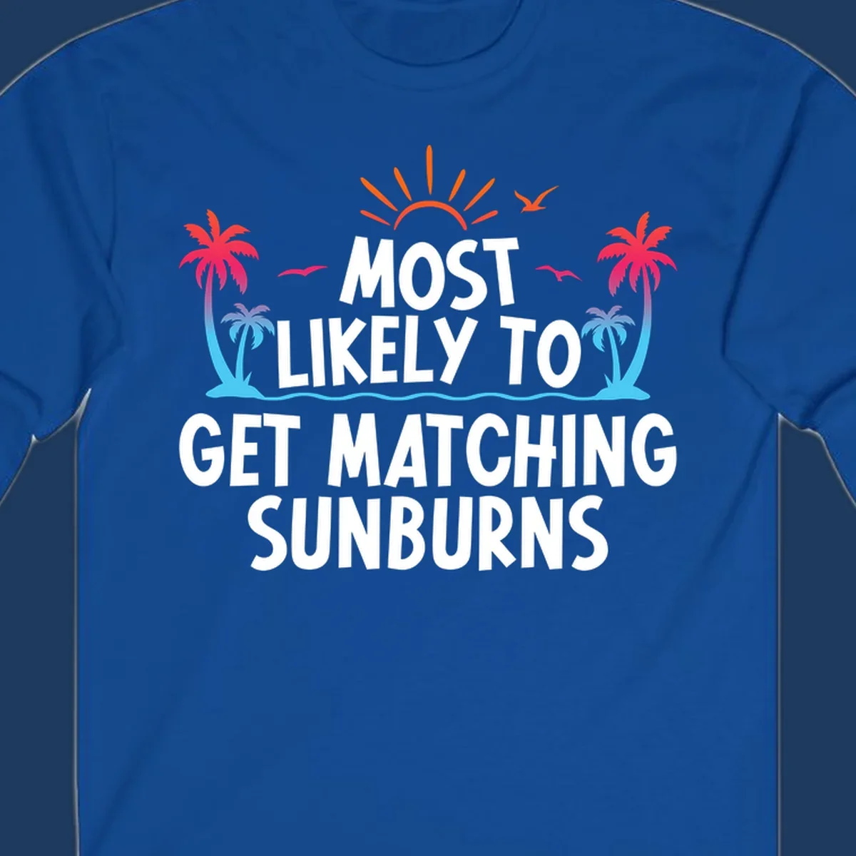Tropical beach scene with bright sun, palm trees, and waves illustrating a matching sunburns cruise design concept
